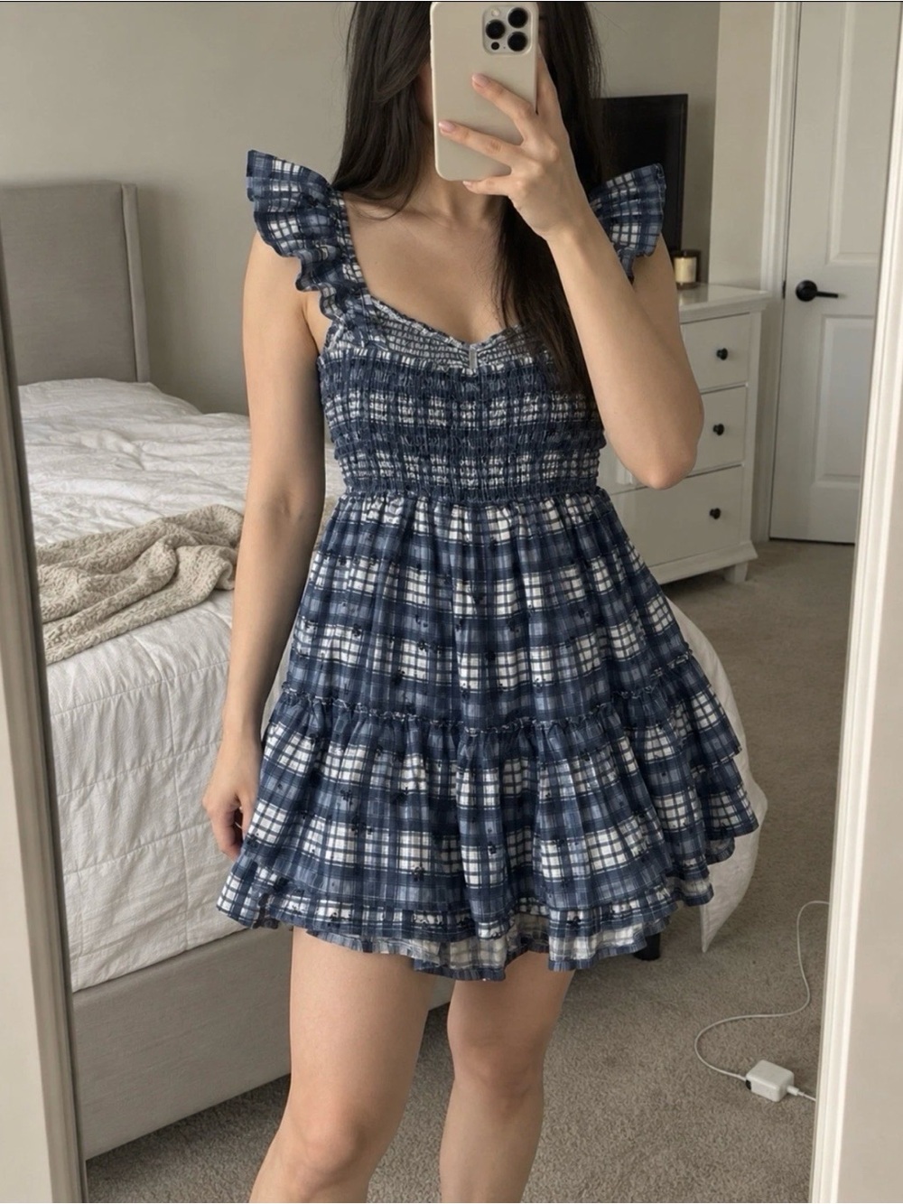 No Boundaries Navy and White Plaid Smocked Mini Dress